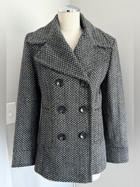 Jones New York Black and White Textured Double-Breasted Peacoat
